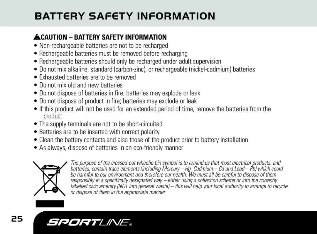 Sportline DUO 1010 manual Battery Safety Information 