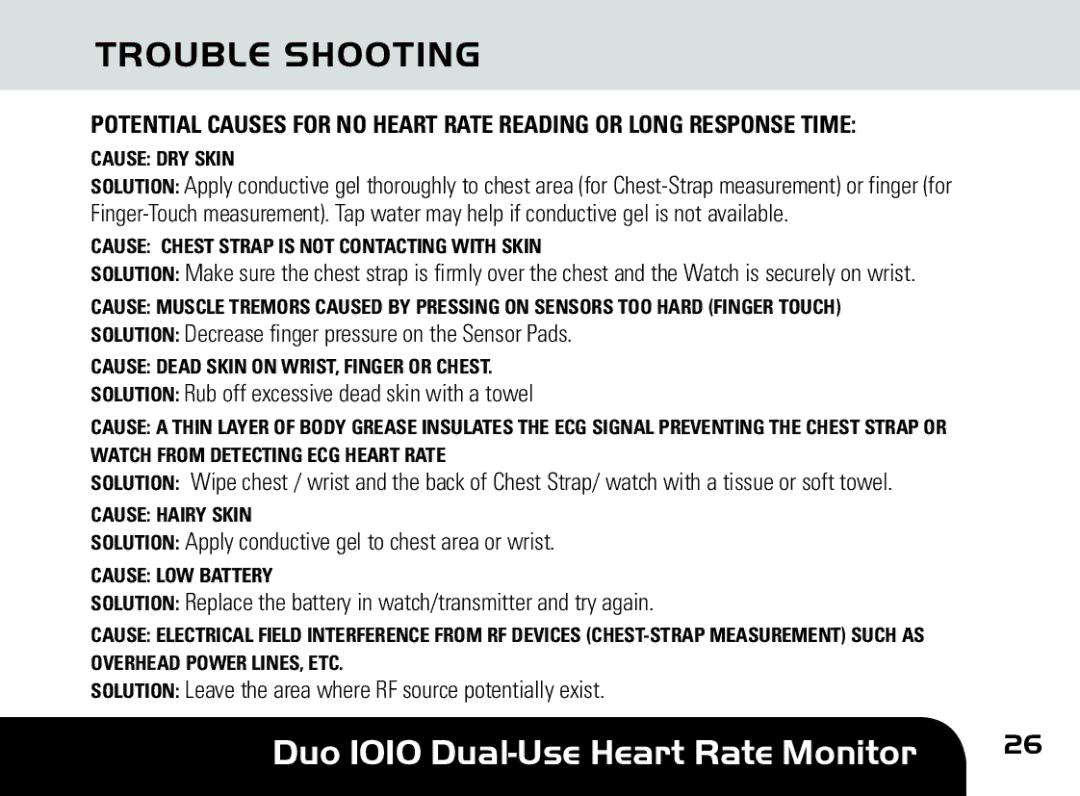 Sportline DUO 1010 manual Trouble Shooting, Cause DRY Skin 