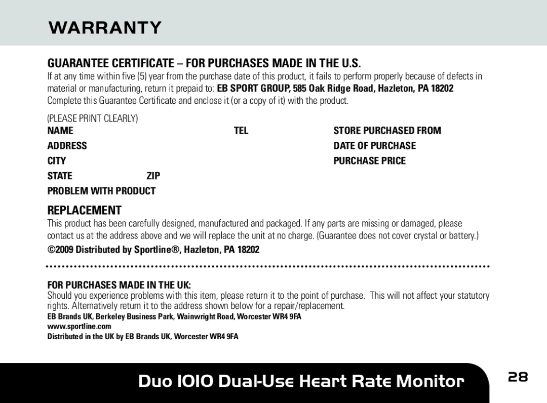 Sportline DUO 1010 manual Warranty, Guarantee Certificate for Purchases Made in the U.S, Replacement 