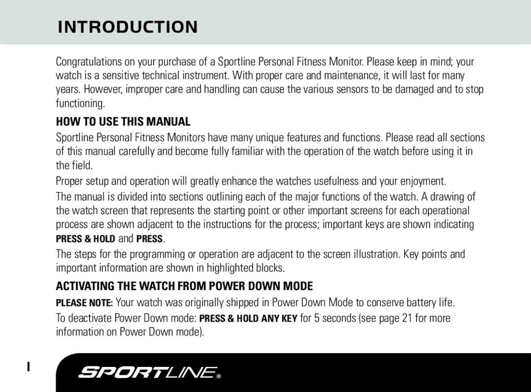 Sportline DUO 1010 manual Introduction, HOW to USE this Manual, Activating the Watch from Power Down Mode 