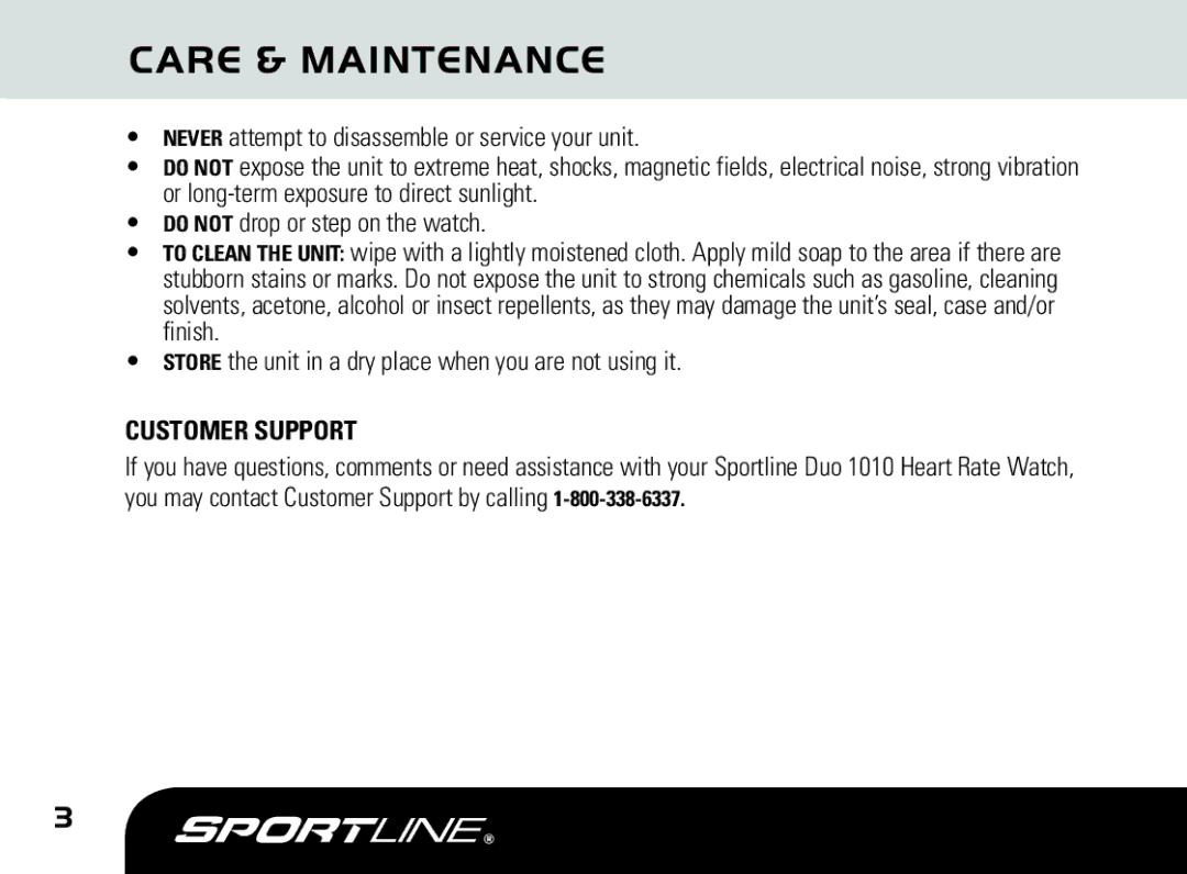 Sportline DUO 1010 manual Care & Maintenance, Customer Support 