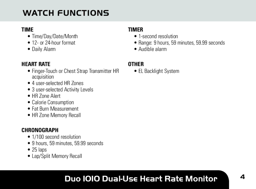 Sportline DUO 1010 manual Watch Functions, Time Timer, Heart Rate Other, Chronograph 