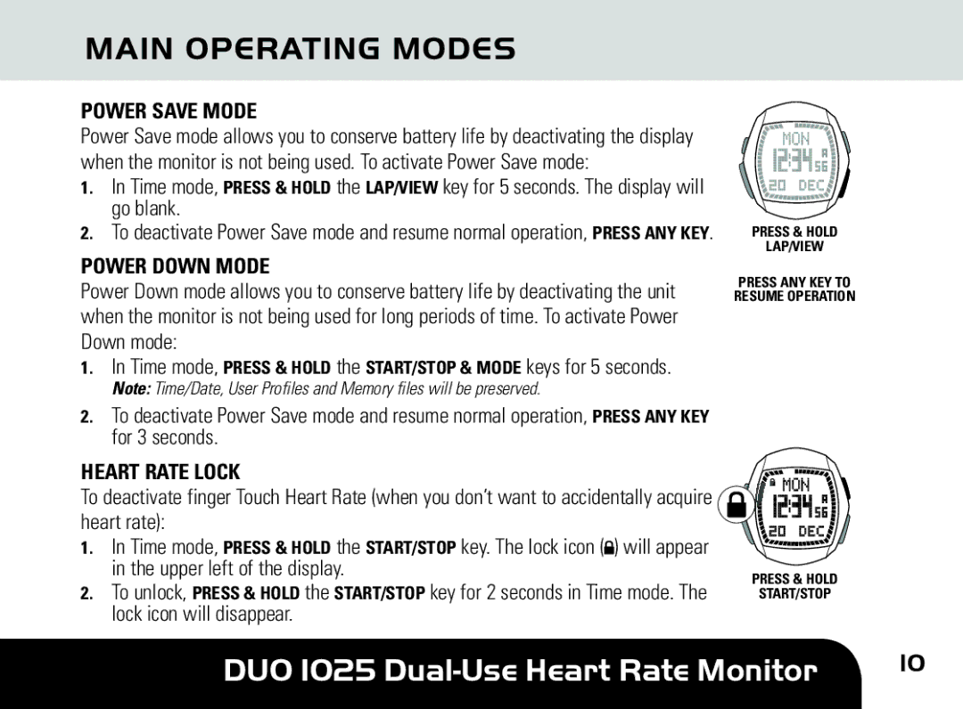 Sportline DUO 1025 manual Power Save Mode, Power Down Mode, Heart Rate Lock 