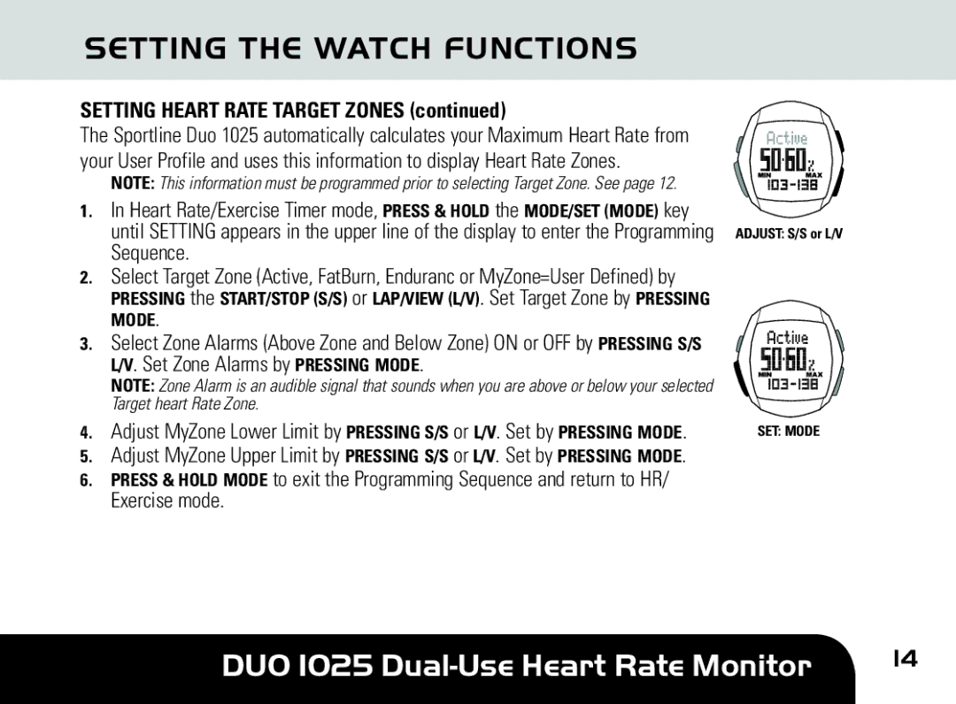 Sportline DUO 1025 manual Setting Heart Rate Target Zones 