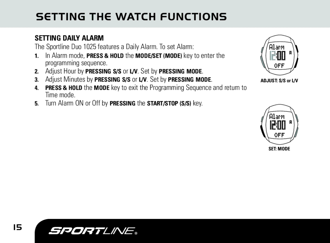 Sportline DUO 1025 manual Setting Daily Alarm, Sportline Duo 1025 features a Daily Alarm. To set Alarm 