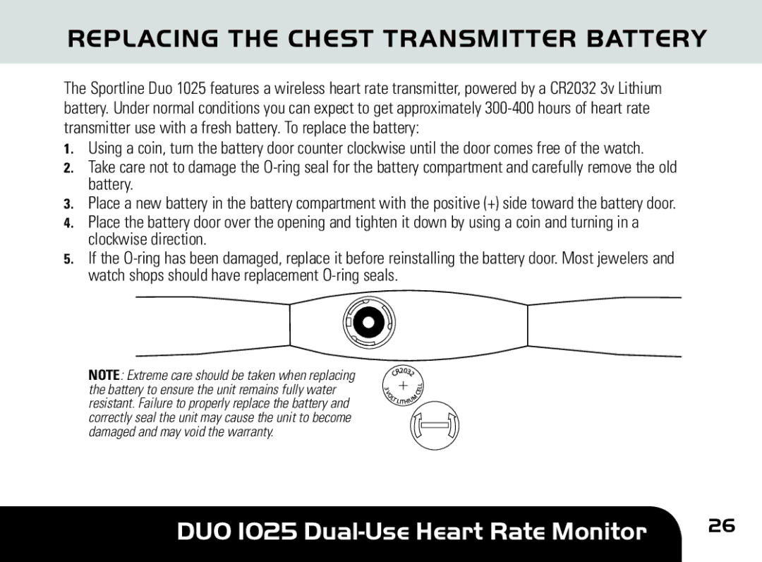 Sportline DUO 1025 manual Replacing the Chest Transmitter Battery 