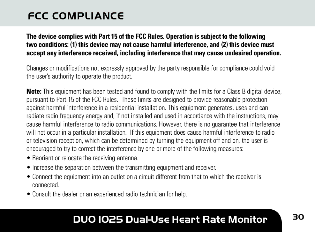 Sportline DUO 1025 manual FCC Compliance 