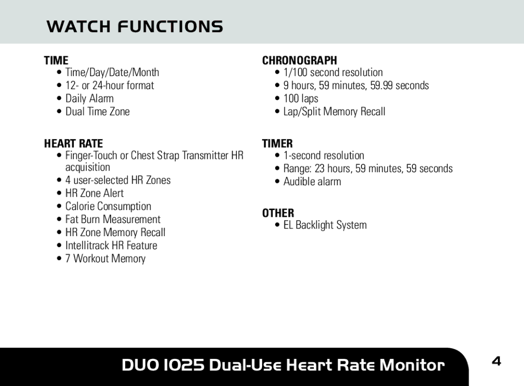 Sportline DUO 1025 manual Watch Functions, Time Chronograph, Heart Rate Timer, Other 