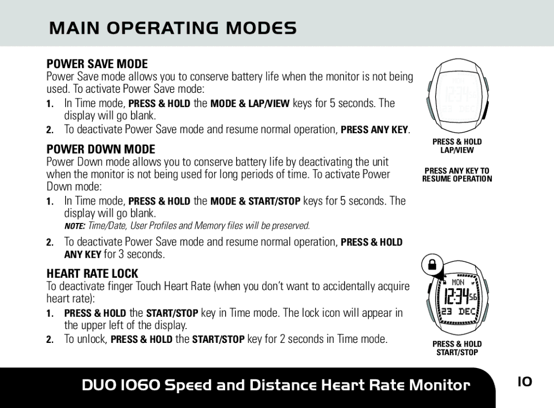 Sportline DUO 1060 manual Power Save Mode, Power Down Mode, Heart Rate Lock 