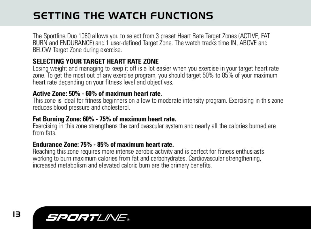 Sportline DUO 1060 manual Active Zone 50% 60% of maximum heart rate 