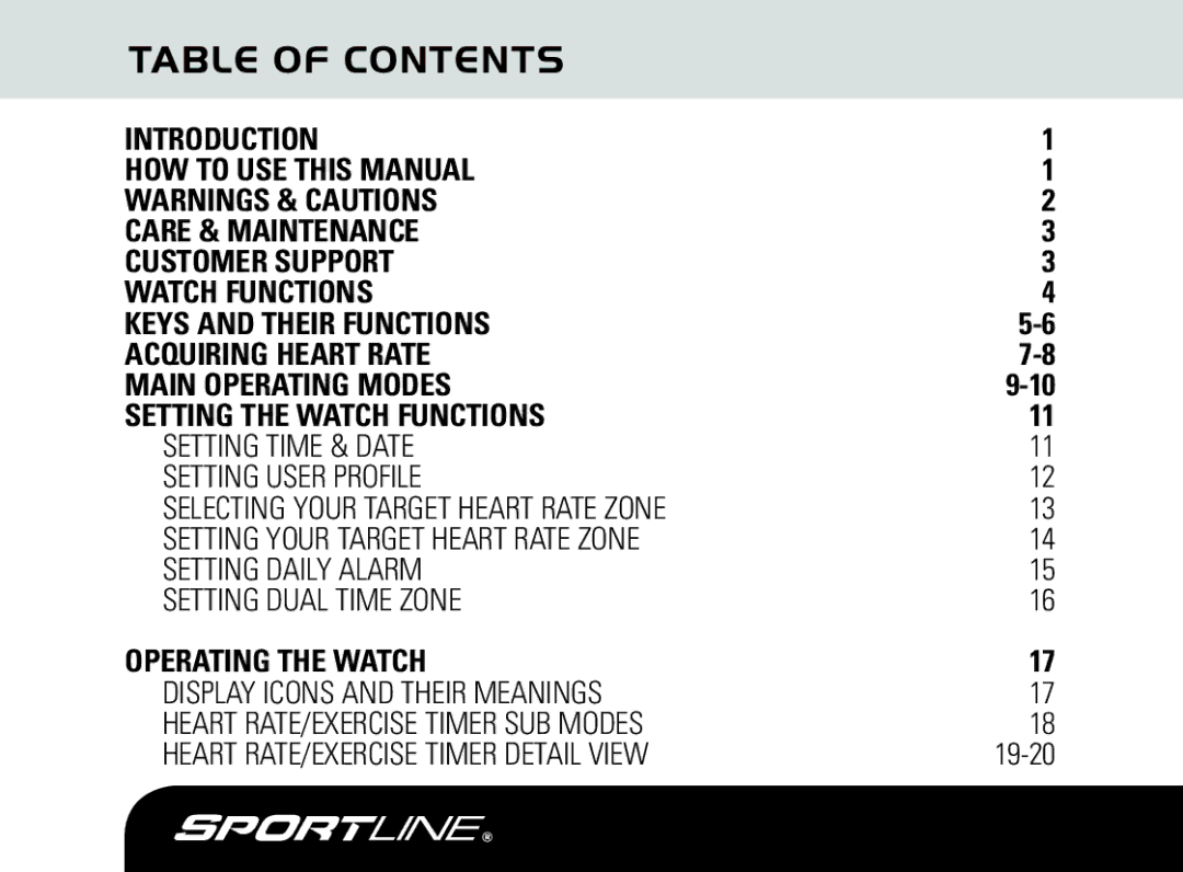 Sportline DUO 1060 manual Table of Contents 