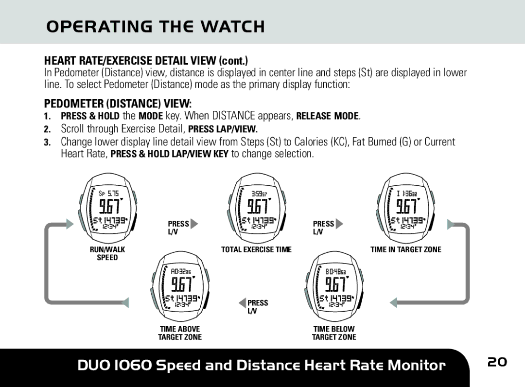 Sportline DUO 1060 manual Heart RATE/EXERCISE Detail View, Pedometer Distance View 