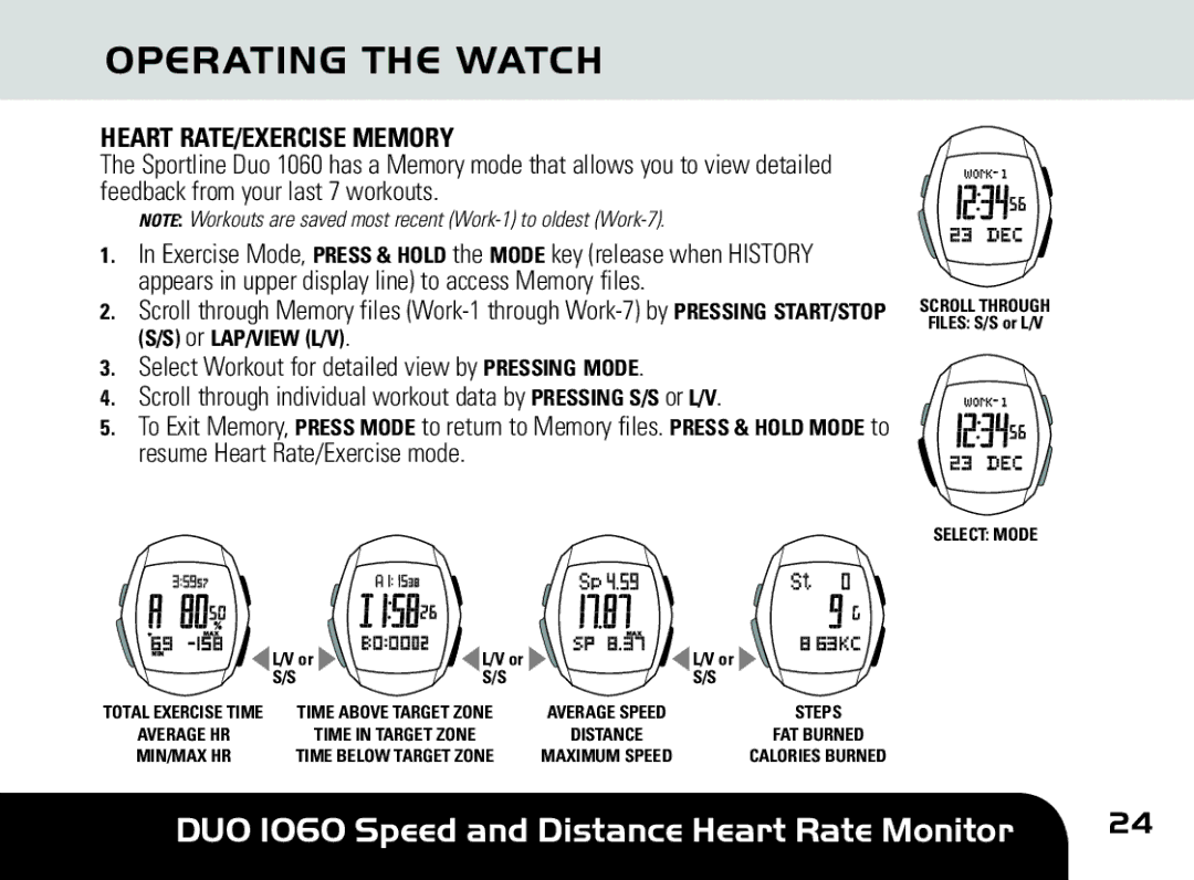 Sportline DUO 1060 manual Heart RATE/EXERCISE Memory, Select Mode 