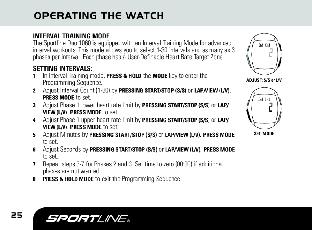 Sportline DUO 1060 manual Interval Training Mode, Setting Intervals 