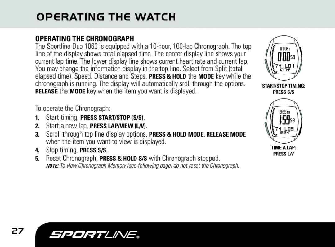 Sportline DUO 1060 manual Operating the Chronograph 