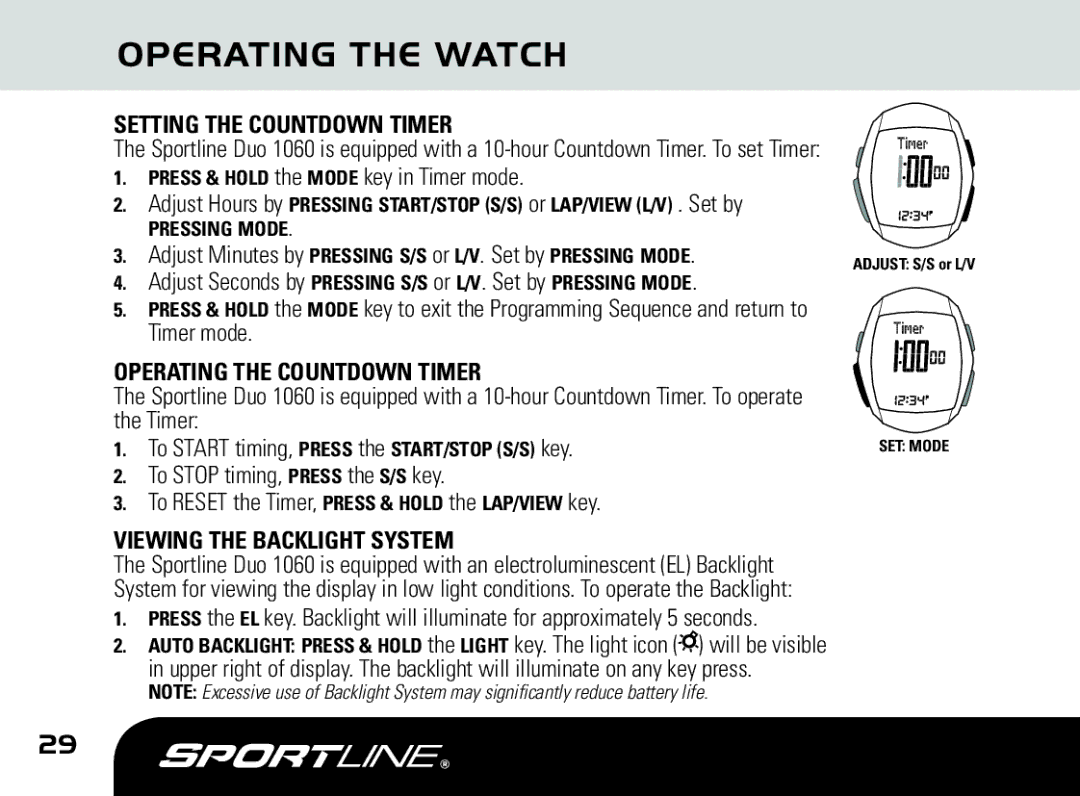 Sportline DUO 1060 manual Setting the Countdown Timer, Operating the Countdown Timer, Viewing the Backlight System 