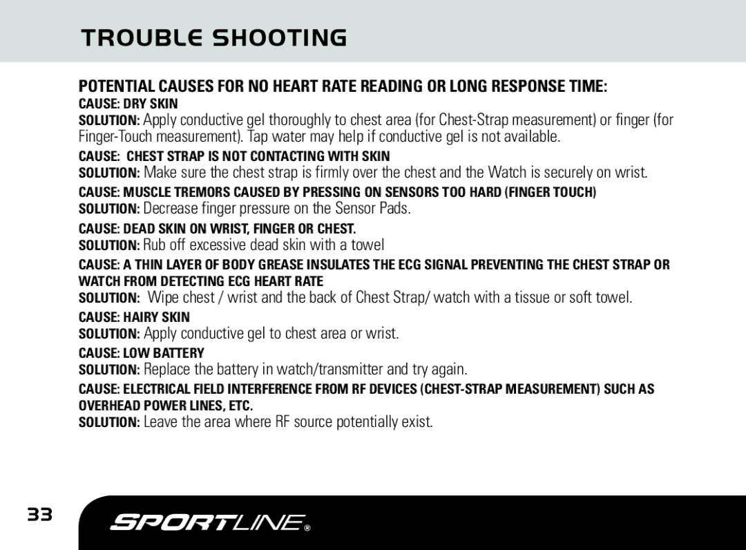 Sportline DUO 1060 manual Trouble Shooting, Cause DRY Skin 