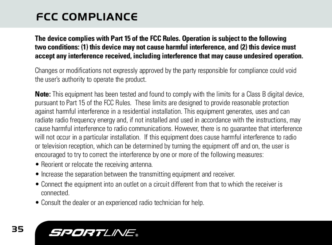 Sportline DUO 1060 manual FCC Compliance 