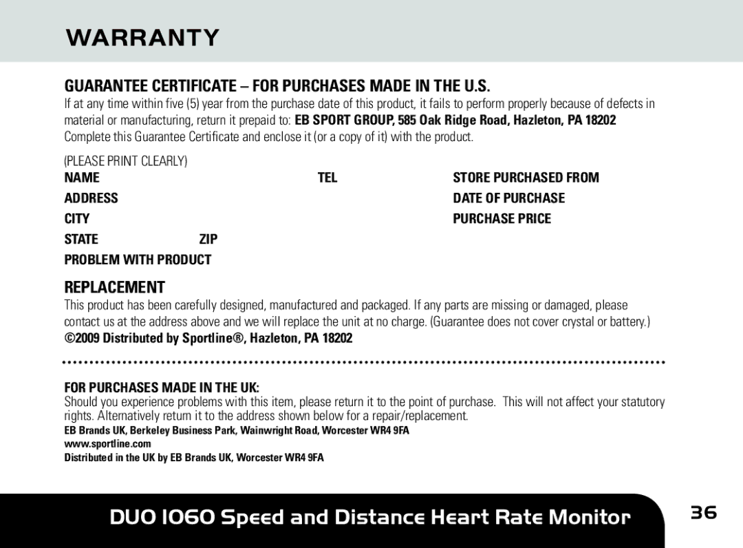 Sportline DUO 1060 manual Warranty, Guarantee Certificate for Purchases Made in the U.S, Replacement 