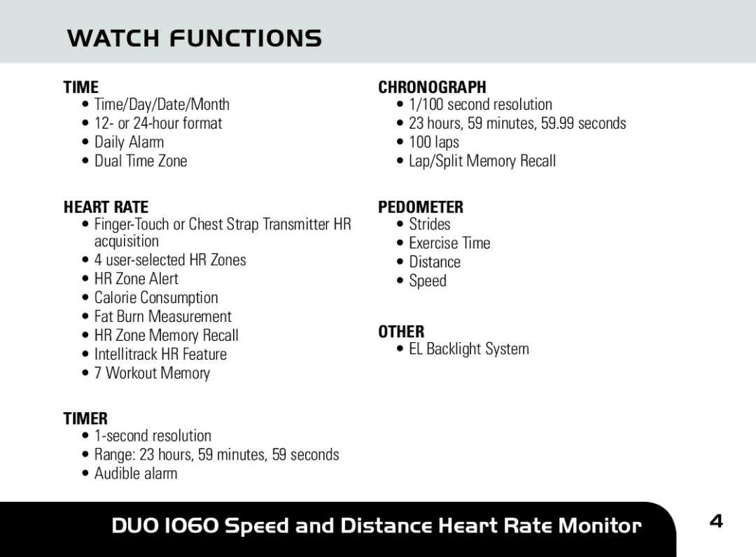 Sportline DUO 1060 manual Watch Functions 