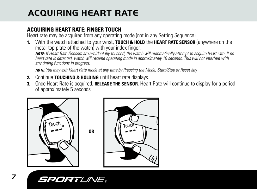Sportline DUO 1060 manual Acquiring Heart Rate Finger Touch 
