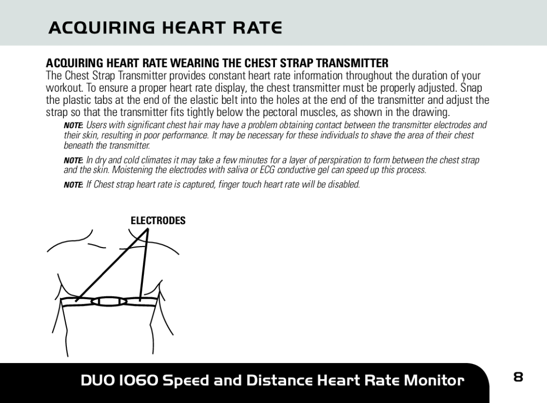 Sportline manual Acquiring Heart Rate, DUO 1060 Speed and Distance Heart Rate Monitor, Electrodes 