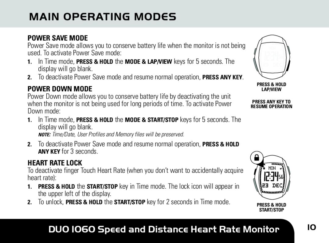 Sportline manual Main Operating Modes, DUO 1060 Speed and Distance Heart Rate Monitor, Power Save Mode, Power Down Mode 