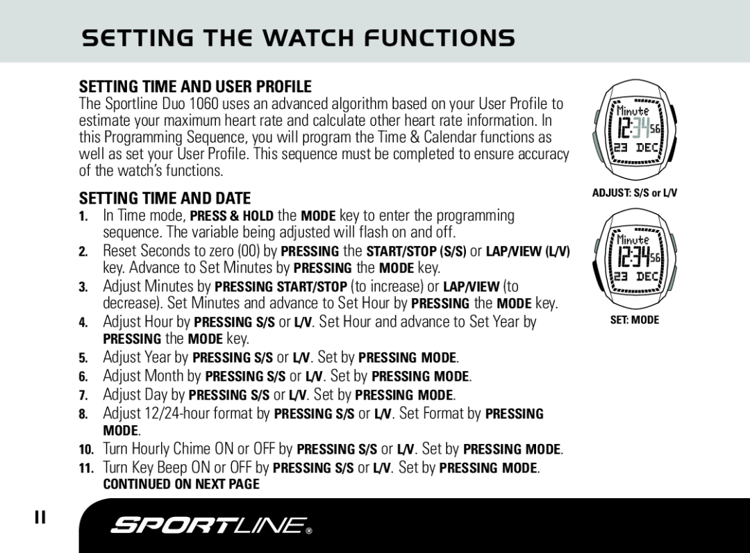 Sportline DUO 1060 manual Setting The Watch Functions, Setting Time And User Profile, Setting Time And Date 