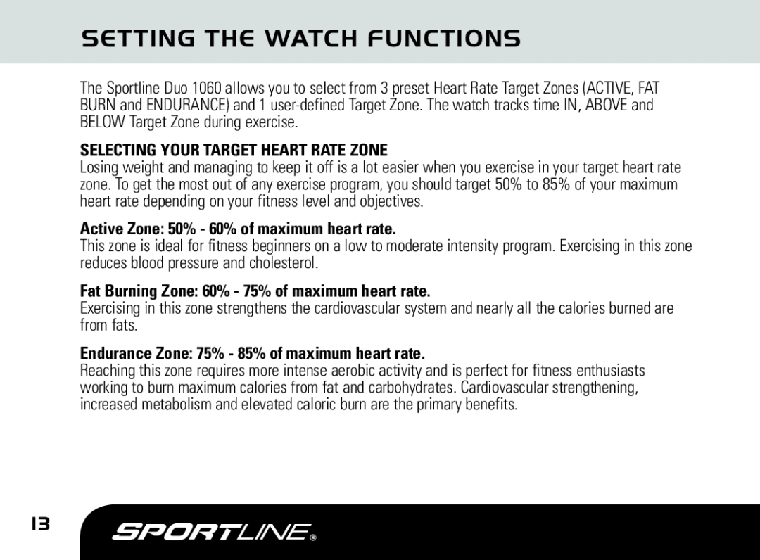 Sportline DUO 1060 manual Setting The Watch Functions, Selecting Your Target Heart Rate Zone 