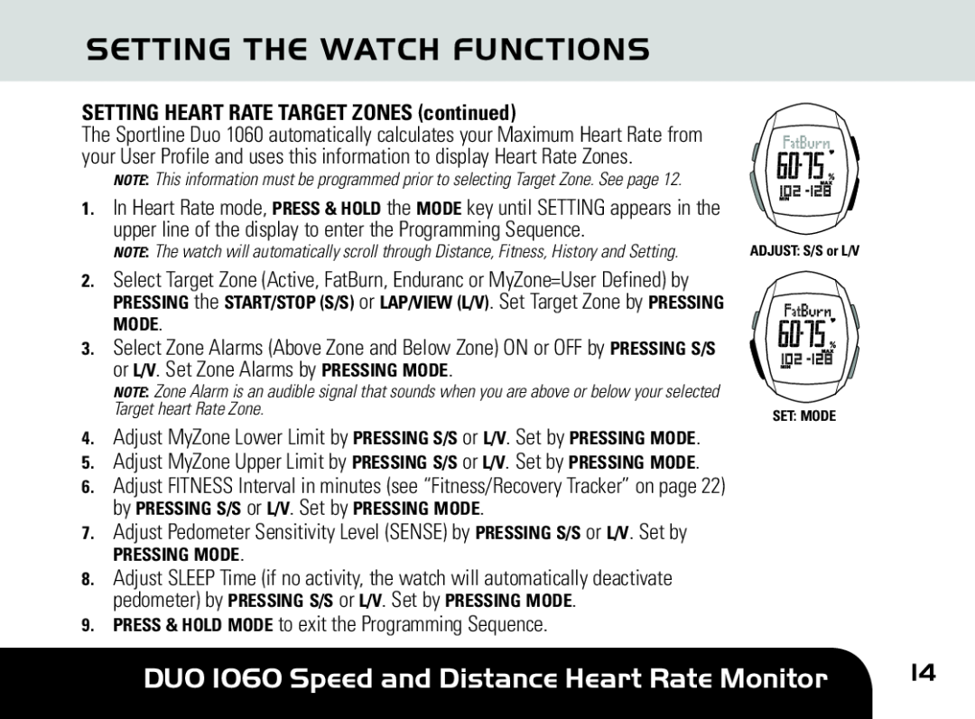 Sportline manual Setting The Watch Functions, DUO 1060 Speed and Distance Heart Rate Monitor 