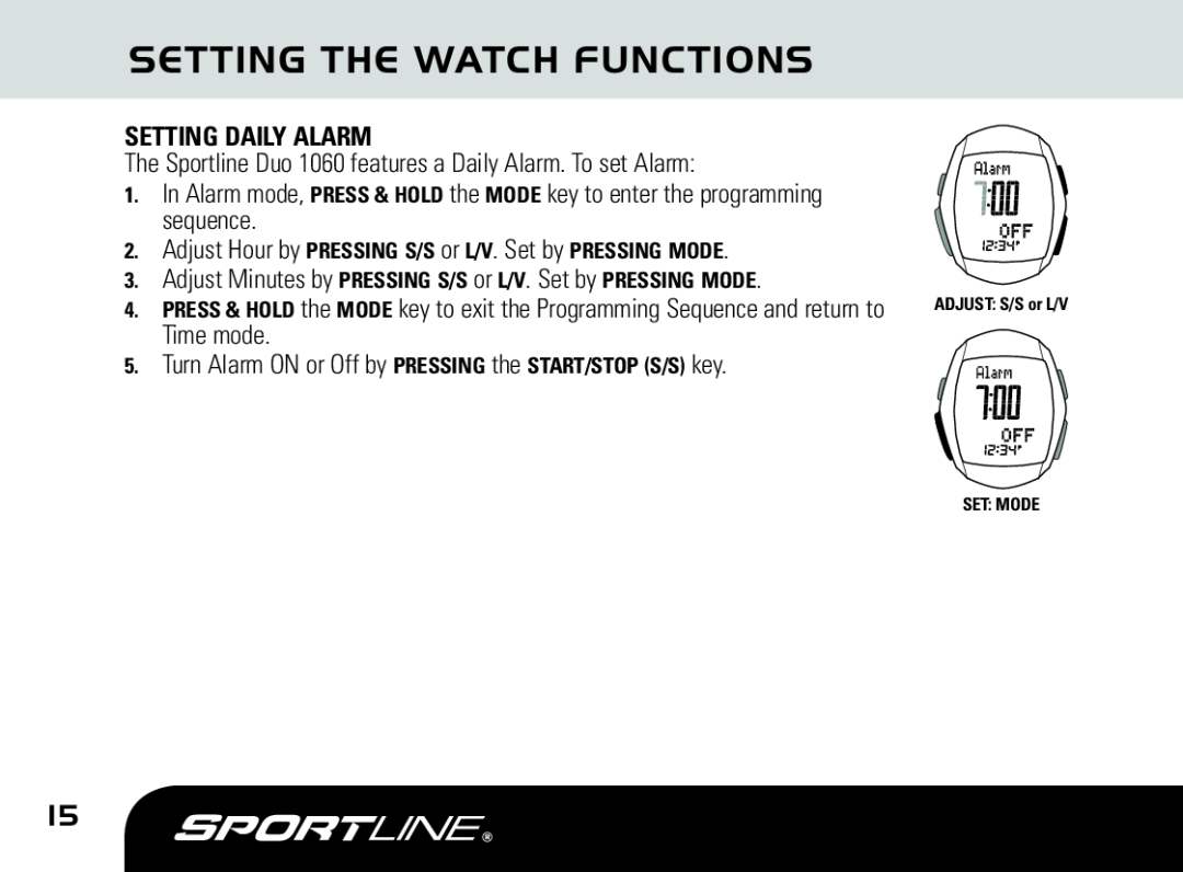 Sportline DUO 1060 manual Setting The Watch Functions, Setting Daily Alarm 