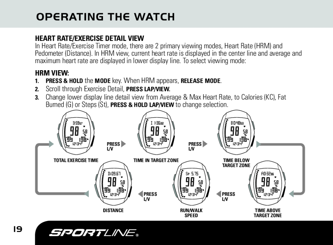 Sportline DUO 1060 manual Operating The Watch, Heart Rate/Exercise Detail View, Hrm View 