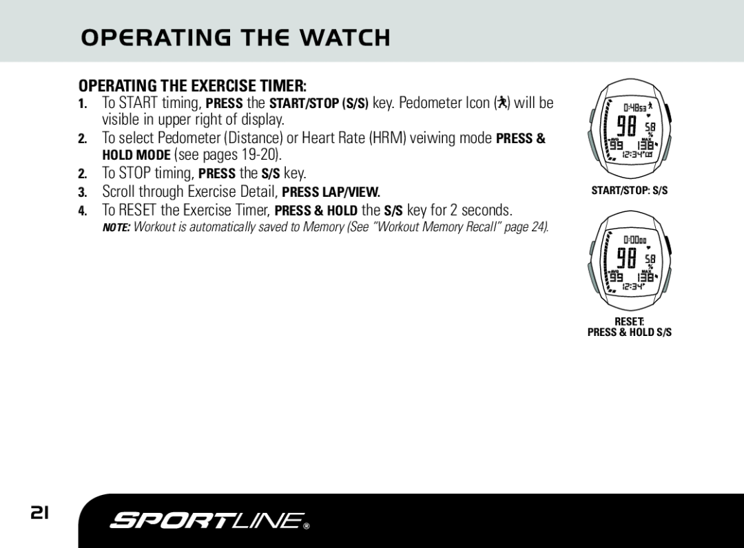 Sportline DUO 1060 manual Operating The Watch, Operating The Exercise Timer 