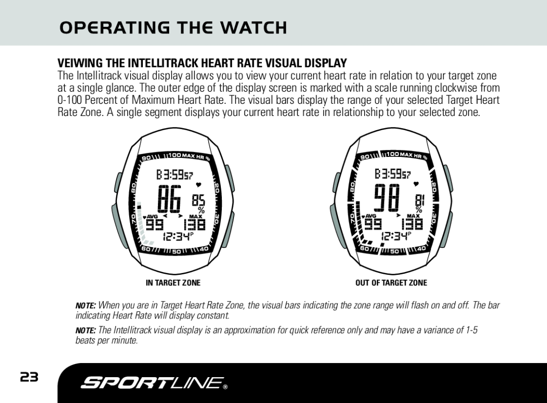 Sportline DUO 1060 manual Operating The Watch, Veiwing The Intellitrack Heart Rate Visual Display, In Target Zone 