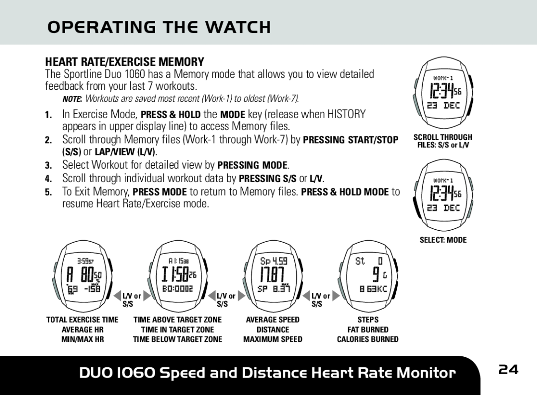 Sportline manual Operating The Watch, DUO 1060 Speed and Distance Heart Rate Monitor, Heart Rate/Exercise Memory 