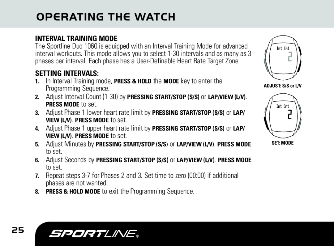 Sportline DUO 1060 manual Operating The Watch, Interval Training Mode, Setting Intervals 