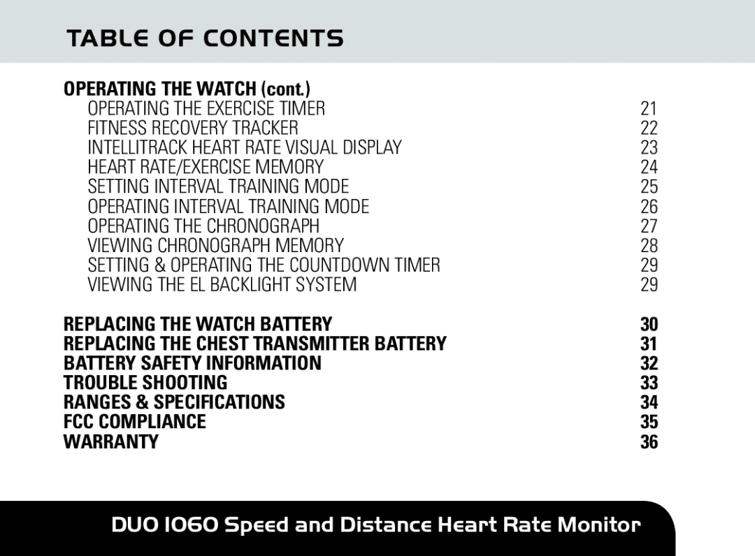 Sportline DUO 1060 Speed and Distance Heart Rate Monitor, Table Of Contents, OPERATING THE WATCH cont, Trouble Shooting 
