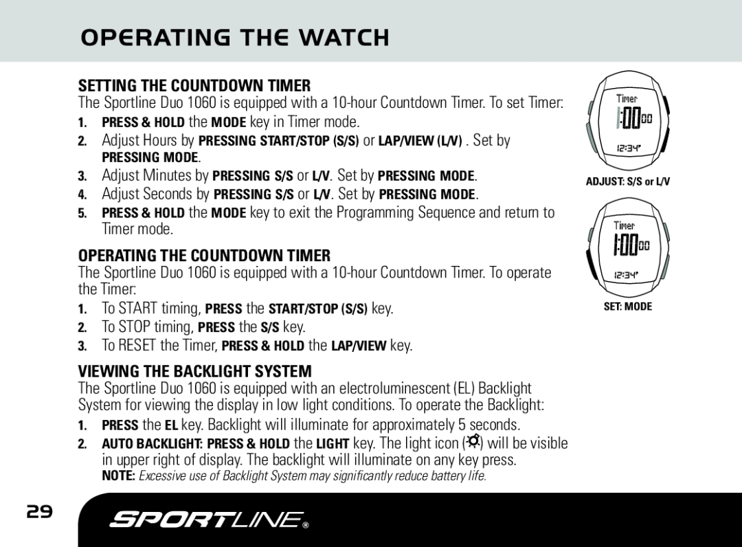 Sportline DUO 1060 manual Operating The Watch, Setting The Countdown Timer, Operating The Countdown Timer 