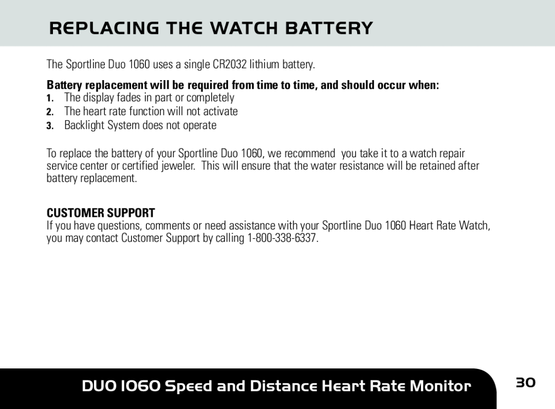 Sportline manual Replacing The Watch Battery, DUO 1060 Speed and Distance Heart Rate Monitor, Customer Support 