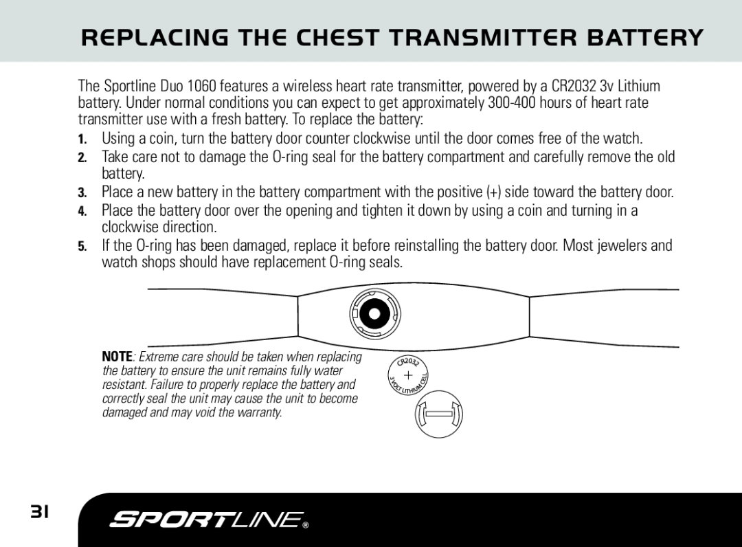 Sportline DUO 1060 manual Replacing The Chest Transmitter Battery 