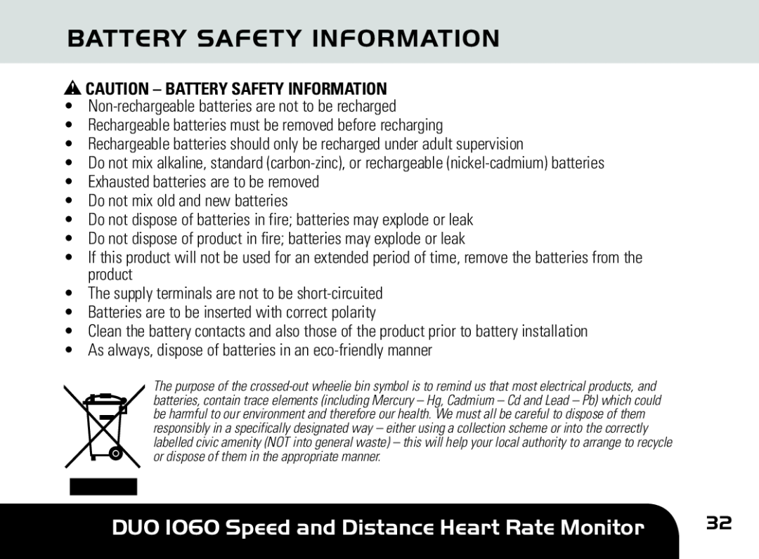 Sportline manual Battery Safety Information, DUO 1060 Speed and Distance Heart Rate Monitor 
