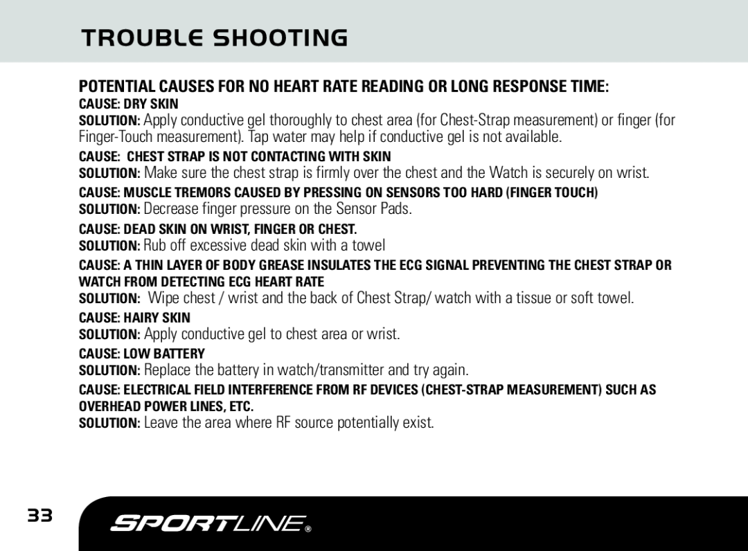 Sportline DUO 1060 manual Trouble Shooting, Potential Causes For No Heart Rate Reading Or Long Response Time 