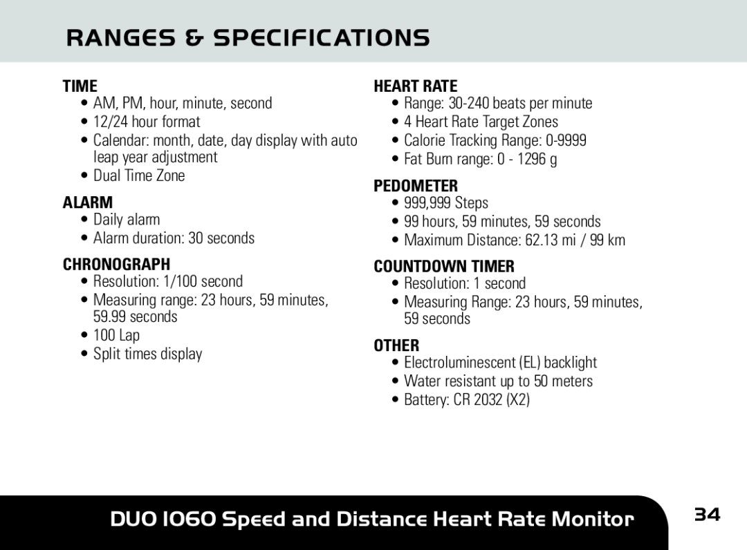 Sportline Ranges & Specifications, DUO 1060 Speed and Distance Heart Rate Monitor, Time, Alarm, Chronograph, Pedometer 
