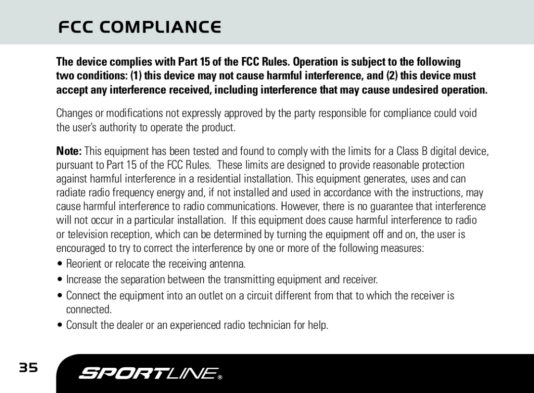 Sportline DUO 1060 manual Fcc Compliance 