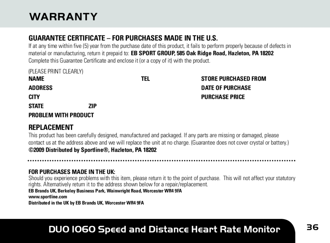 Sportline manual Warranty, DUO 1060 Speed and Distance Heart Rate Monitor, Replacement 