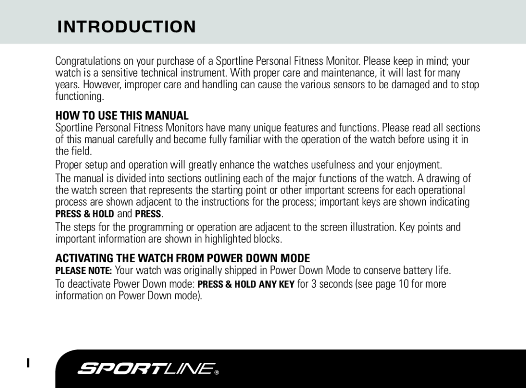Sportline DUO 1060 manual Introduction, How To Use This Manual, Activating The Watch From Power Down Mode 