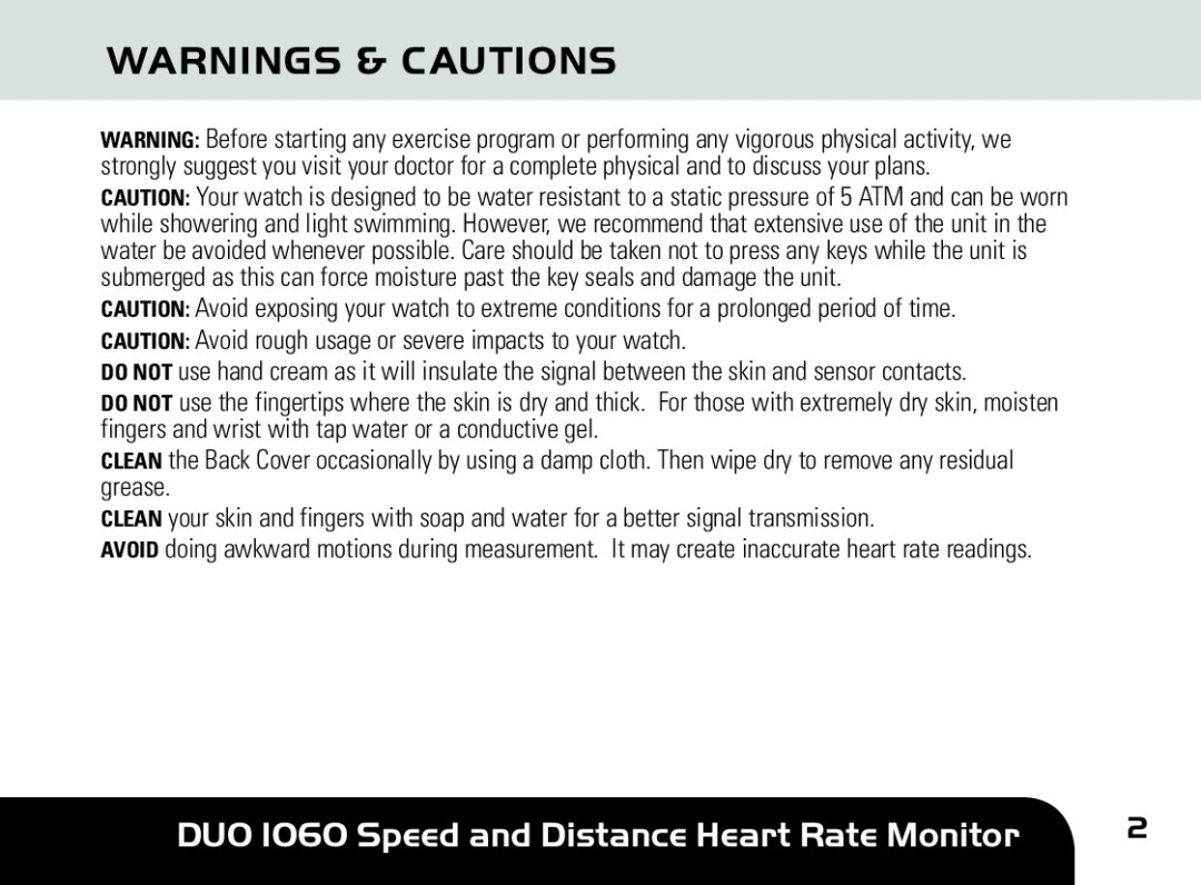 Sportline manual Warnings & Cautions, DUO 1060 Speed and Distance Heart Rate Monitor 