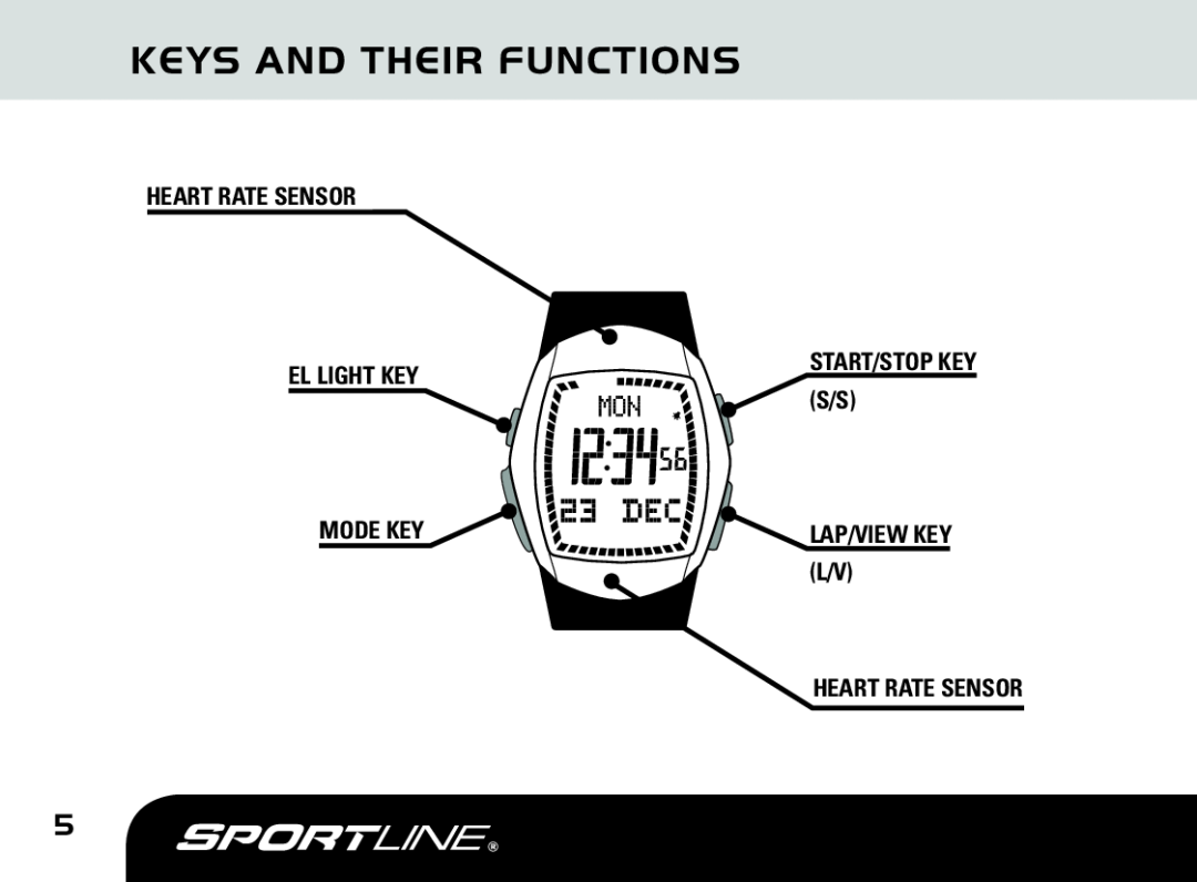 Sportline DUO 1060 manual Keys And Their Functions, Heart Rate Sensor, El Light Key, Start/Stop Key, Mode Key, Lap/View Key 