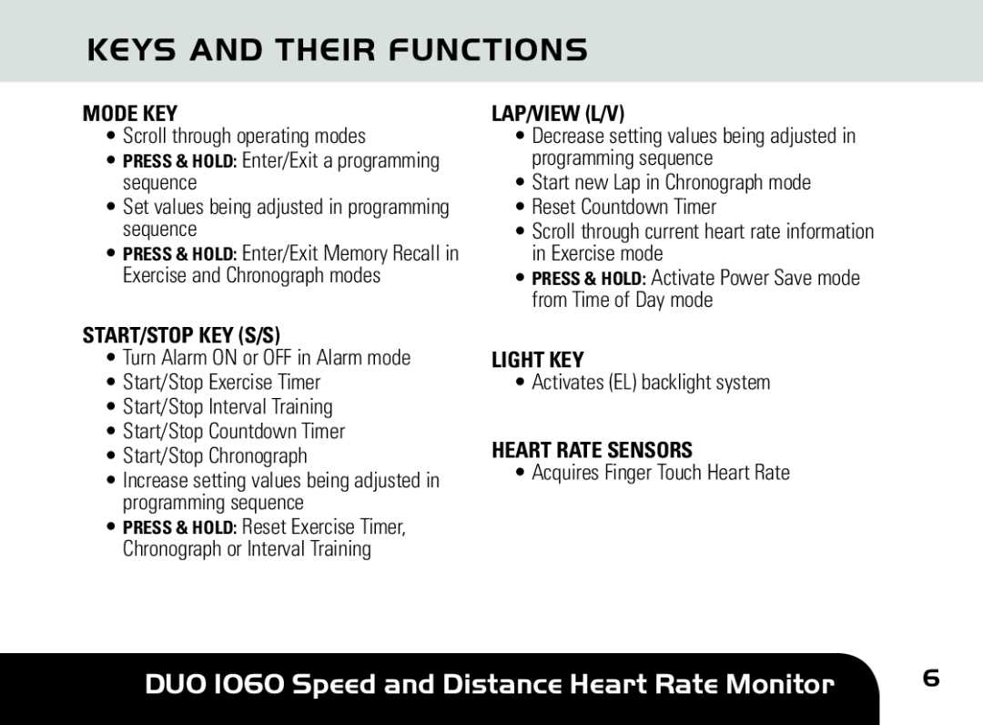 Sportline manual Keys And Their Functions, DUO 1060 Speed and Distance Heart Rate Monitor, Mode Key, Start/Stop Key S/S 