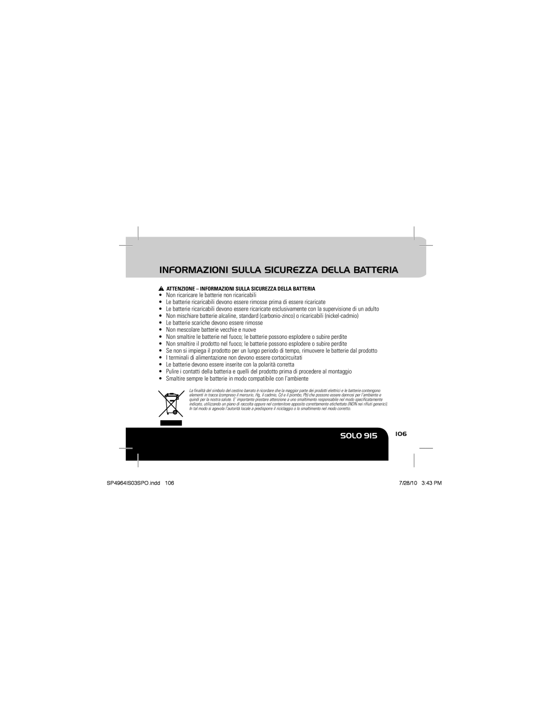 Sportline Solo 915 manual Informazioni Sulla Sicurezza Della Batteria, 106 